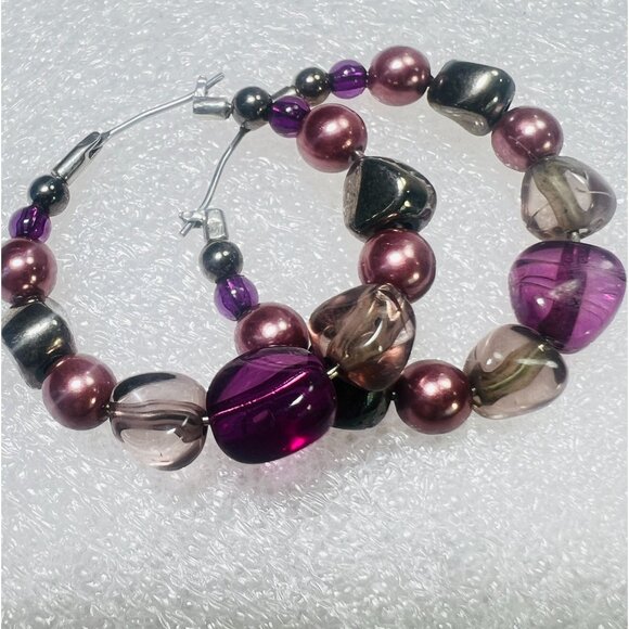 OOAK Mixed Media Beaded Artisan Hoop Pierced Earrings Purple Metallic Silver-ton - Picture 1 of 5